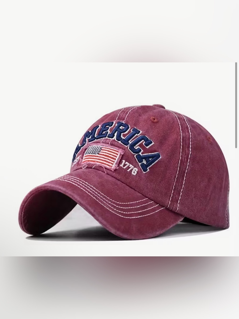 Vintage-Style Burgundy Baseball Cap with Embroidered Flag New